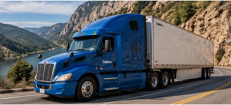 Blue Daleko Kenworth on a mountain lake road