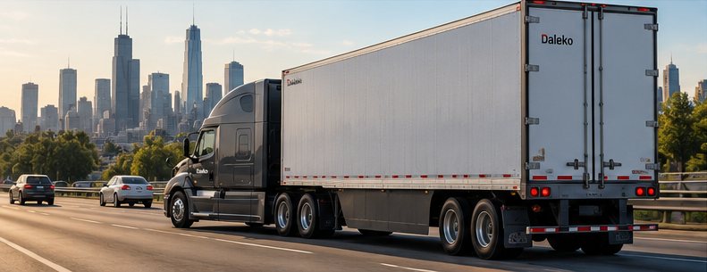 Daleko rig on the interstate with a city skyline behind
