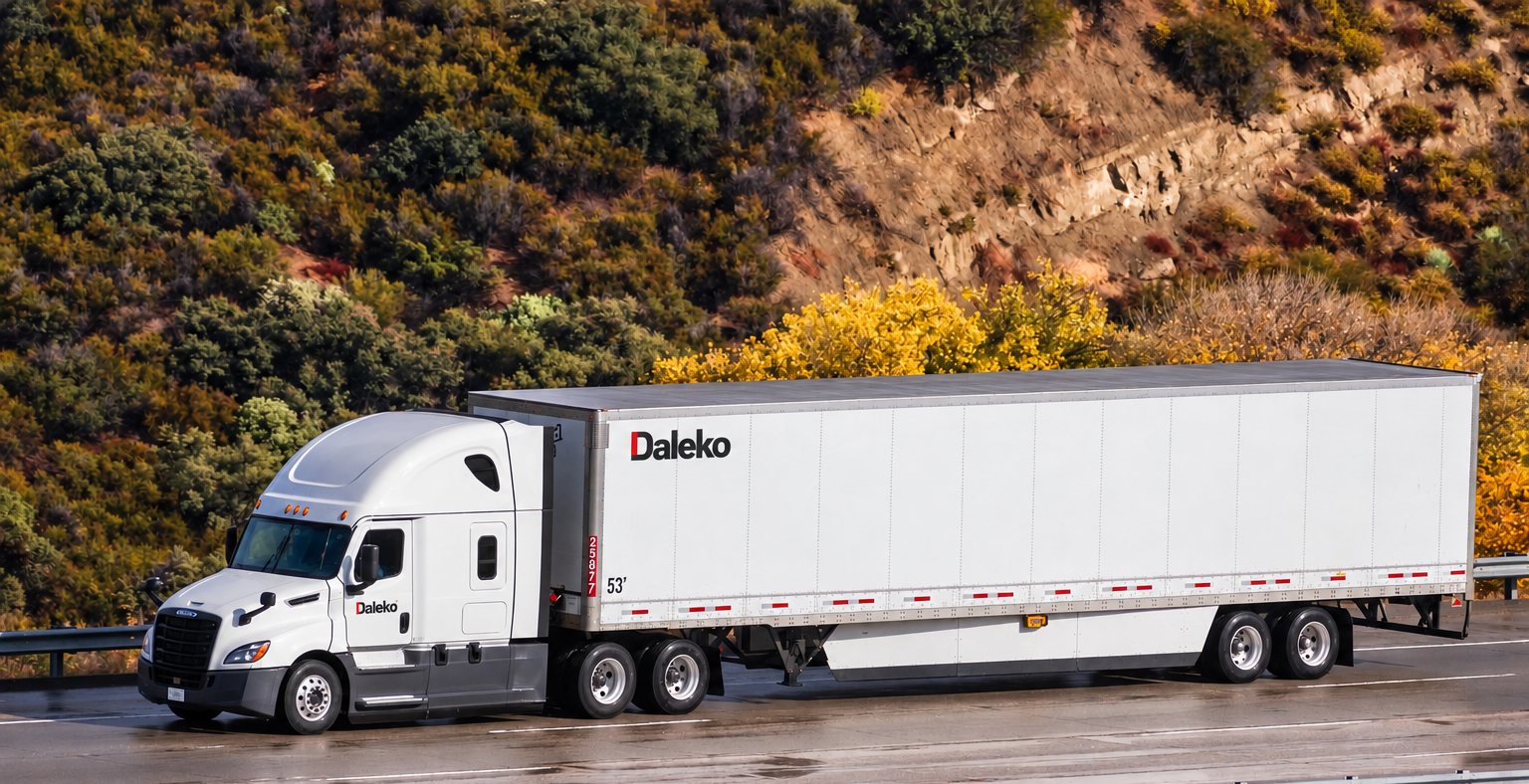 White Daleko Freightliner on a mountain road